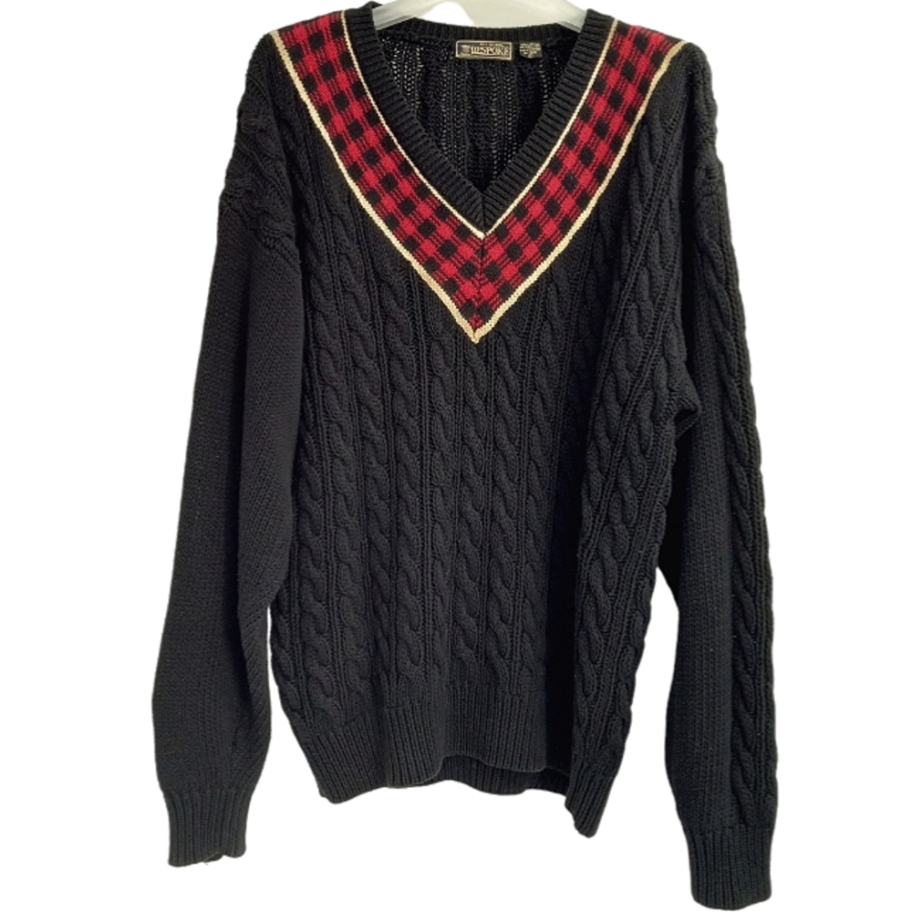 Vtg Old School Bespoke Sweater Sz L Black Buffalo Plaid VNeck Varsity Cable Knit